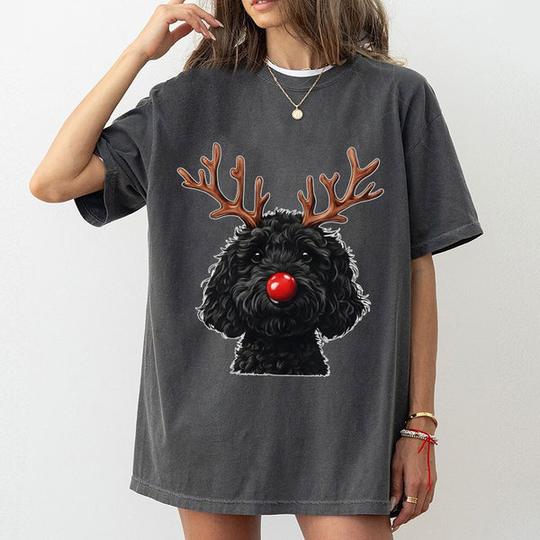 Reindeer Antlers Doodle Dog Holiday Graphic Tee, Goldendoodle Christmas T-Shirt, Adorable Puppy Xmas Shirt, Dog Lover Holiday