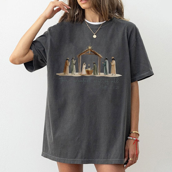 The Greatest Present of All Shirt, Nativity Scene T-Shirt, Christian Christmas Tee, Religious Holiday Graphic T-Shirt, Faith 
