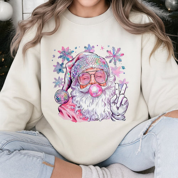 Disco Ball Hat Christmas Sweatshirt, Pink Santa Sweatshirt, Retro Bubble Gum Santa Sweater, Trendy Holiday Crewneck, Present 