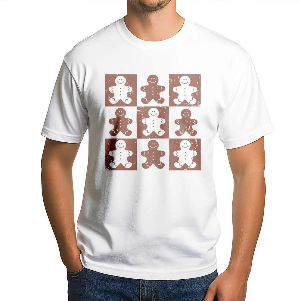 Retro Checkered Christmas Graphic Shirt, Gingerbread Man T-Shirt, Adorable Holiday Cookie Tee, Vintage Xmas T-Shirt for Women