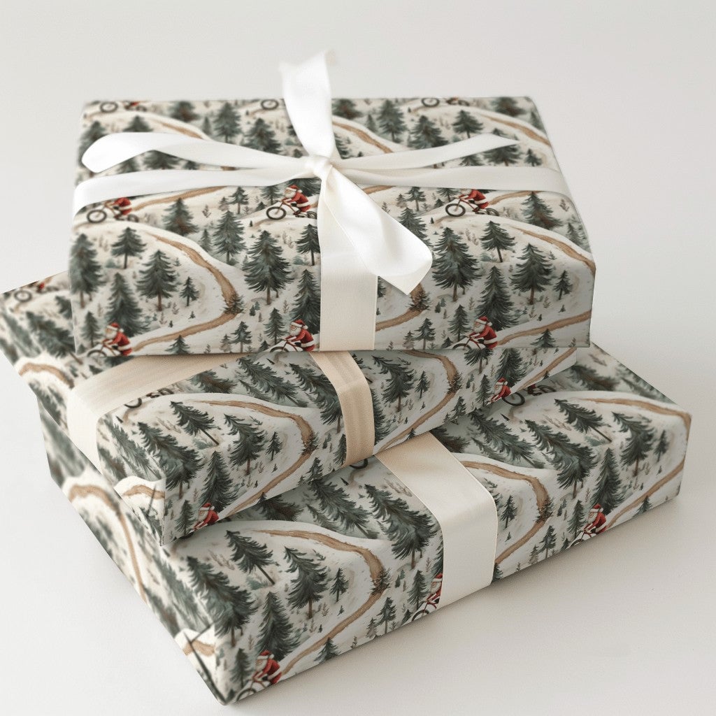 MTB Christmas Gift Wrap, Mountain Biking Santa Wrapping Paper, Snowy Forest Bike Holiday Wrapping Paper, Winter Sports Santa 