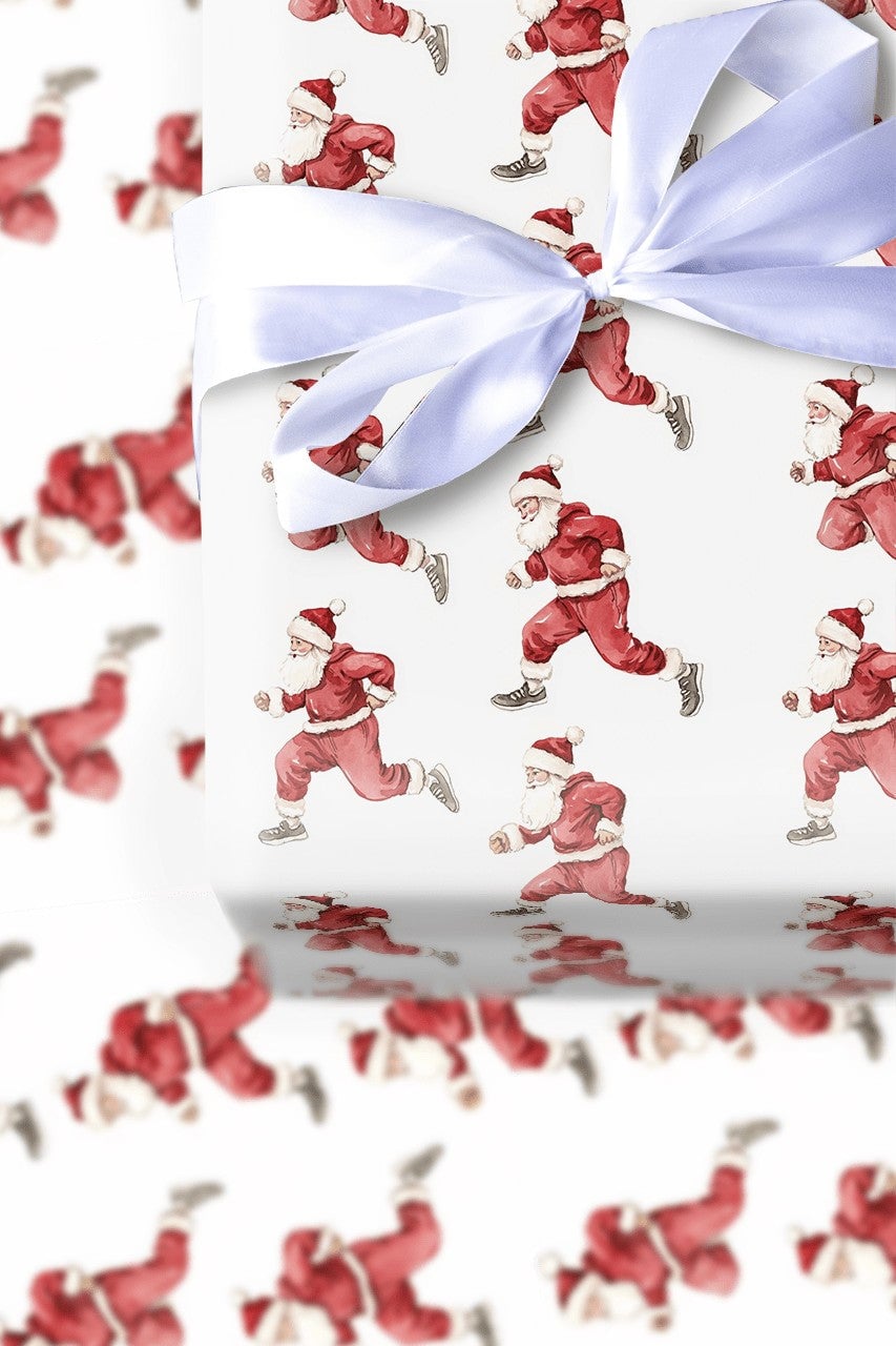 Jogging Claus Gift Wrap, Running Santa Christmas Wrapping Paper, Watercolor Runner Wrapping Paper, Humorous Holiday Fitness W