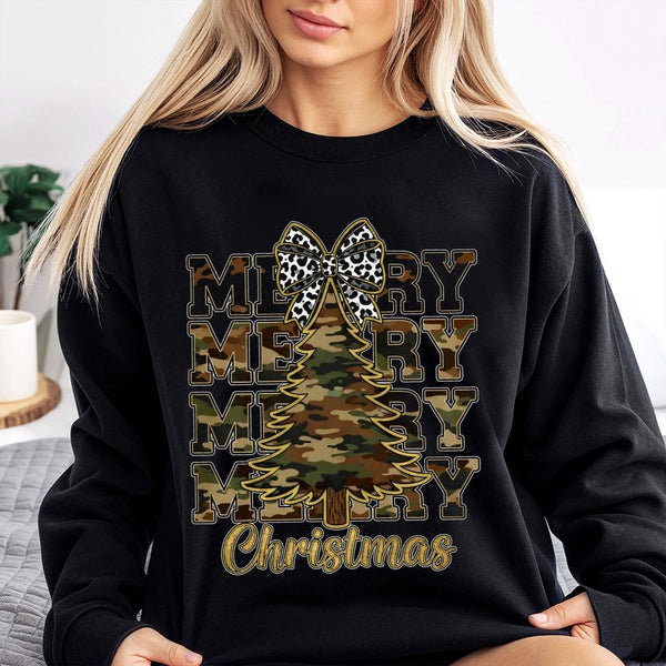 Rustic Leopard Bow Holiday Pullover, Merry Christmas Camo Tree Sweatshirt, Farmhouse Xmas Tree Crewneck, Adorable Winter Seas