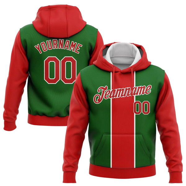Kelly Green Red White 3D Holiday Hoodie, Custom Christmas Sports Hoodie, Personalized Name and Number Sweatshirt, Team Fan Pu