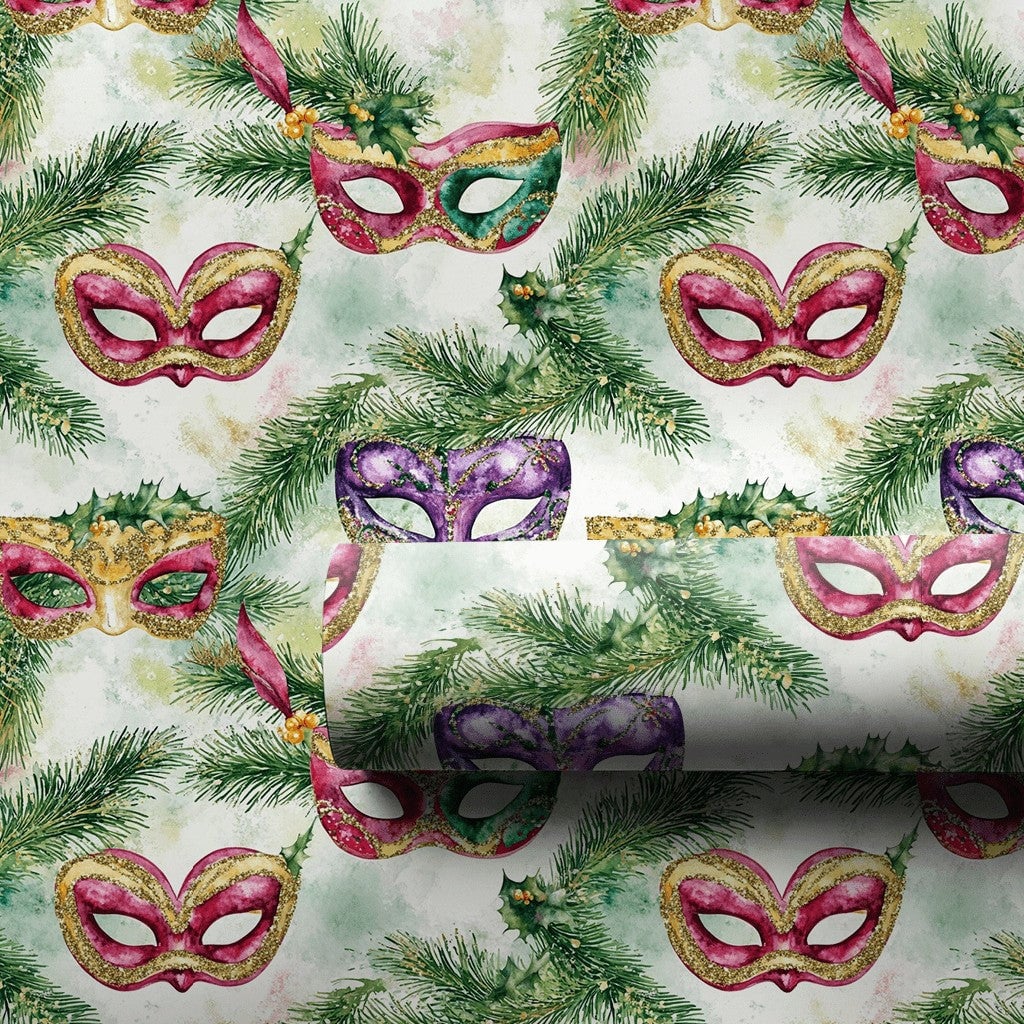 Venetian Mask Holiday Gift Wrap, Christmas Masquerade Wrapping Paper, Watercolor Festive Pine Gift Wrap, Winter Party Gift Wr
