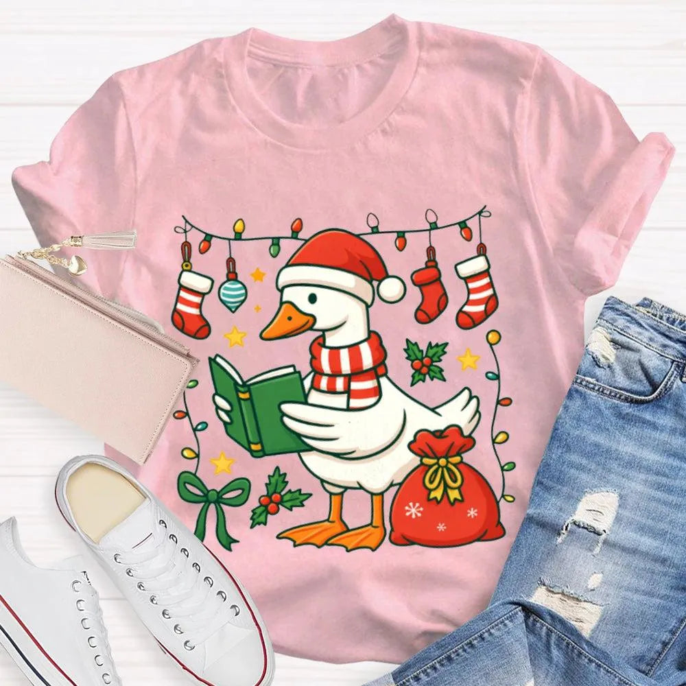 Humorous Holiday Bookworm Goose Shirt, Christmas Goose Reading Book T-Shirt, Adorable Winter Reading Tee, Book Lover Christma