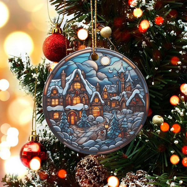 Snowy Scene Holiday Ceramic Keepsake, Stained Glass Winter Village Christmas Ornament, Comfy Town Tree Decor, Xmas Home Decor