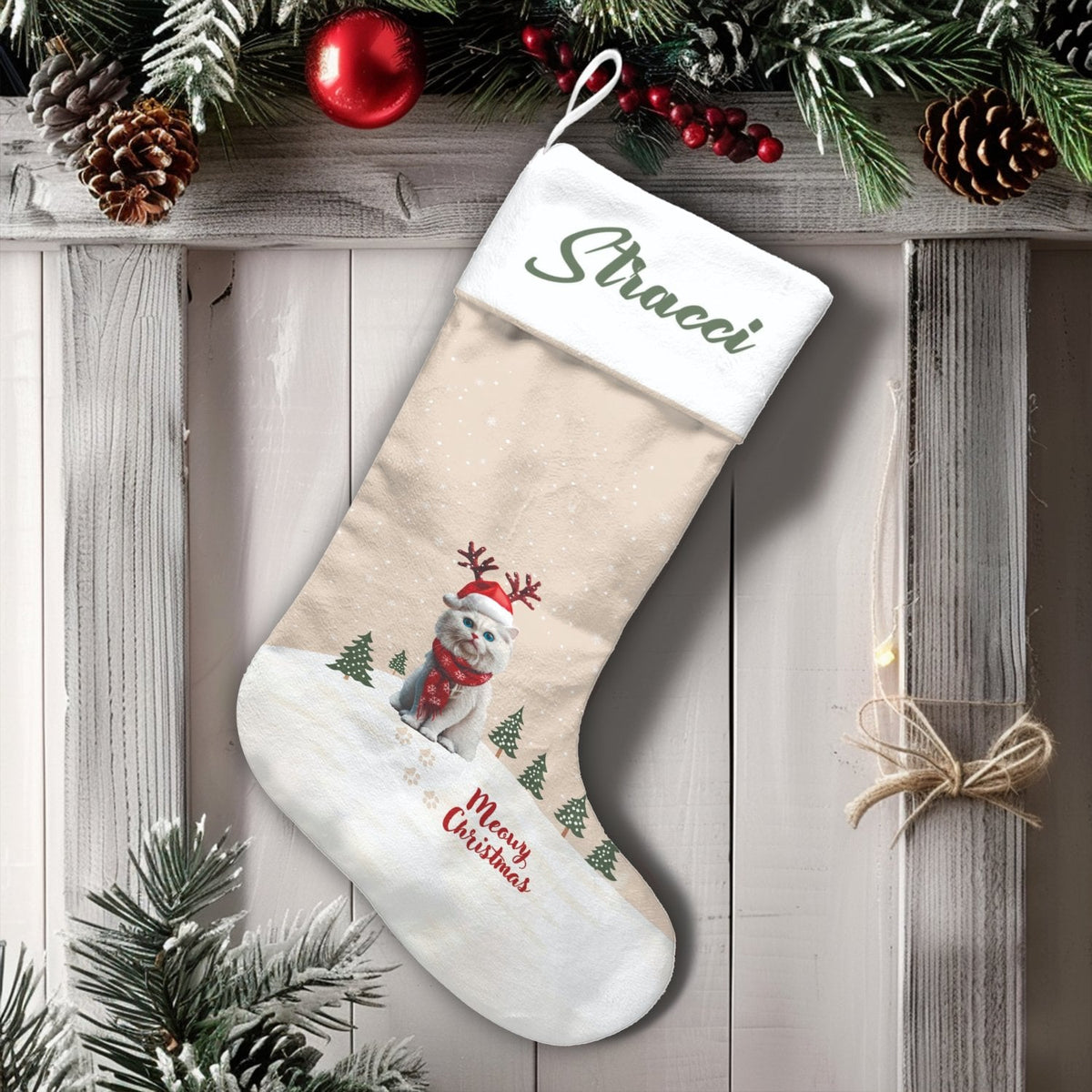 Custom Cat Christmas Stocking, Personalized Reindeer Cat Christmas Stocking, Adorable Pet Holiday Stocking, Velboa Fabric Xma