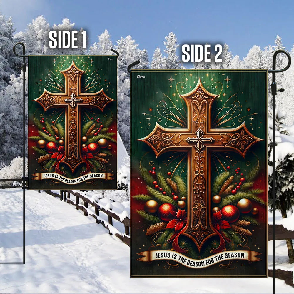 Ornate Cross Yard Flag, Jesus Is the Reason for the Season Christmas Garden Flag, Double-Sided Christian Holiday Lawn Flag