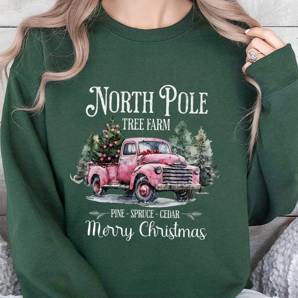 Pink Vintage Truck Christmas Crewneck, North Pole Tree Farm Sweatshirt, Coquette Holiday Tree Sweater, Adorable Winter Xmas P