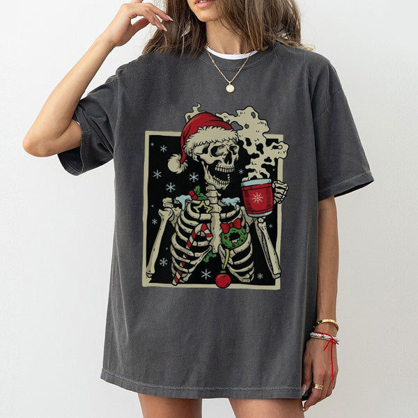 Sarcastic Holiday Skeleton Graphic Tee, Dead Inside Skeleton Christmas T-Shirt, Humorous Coffee Skeleton Shirt, Retro Xmas Ap