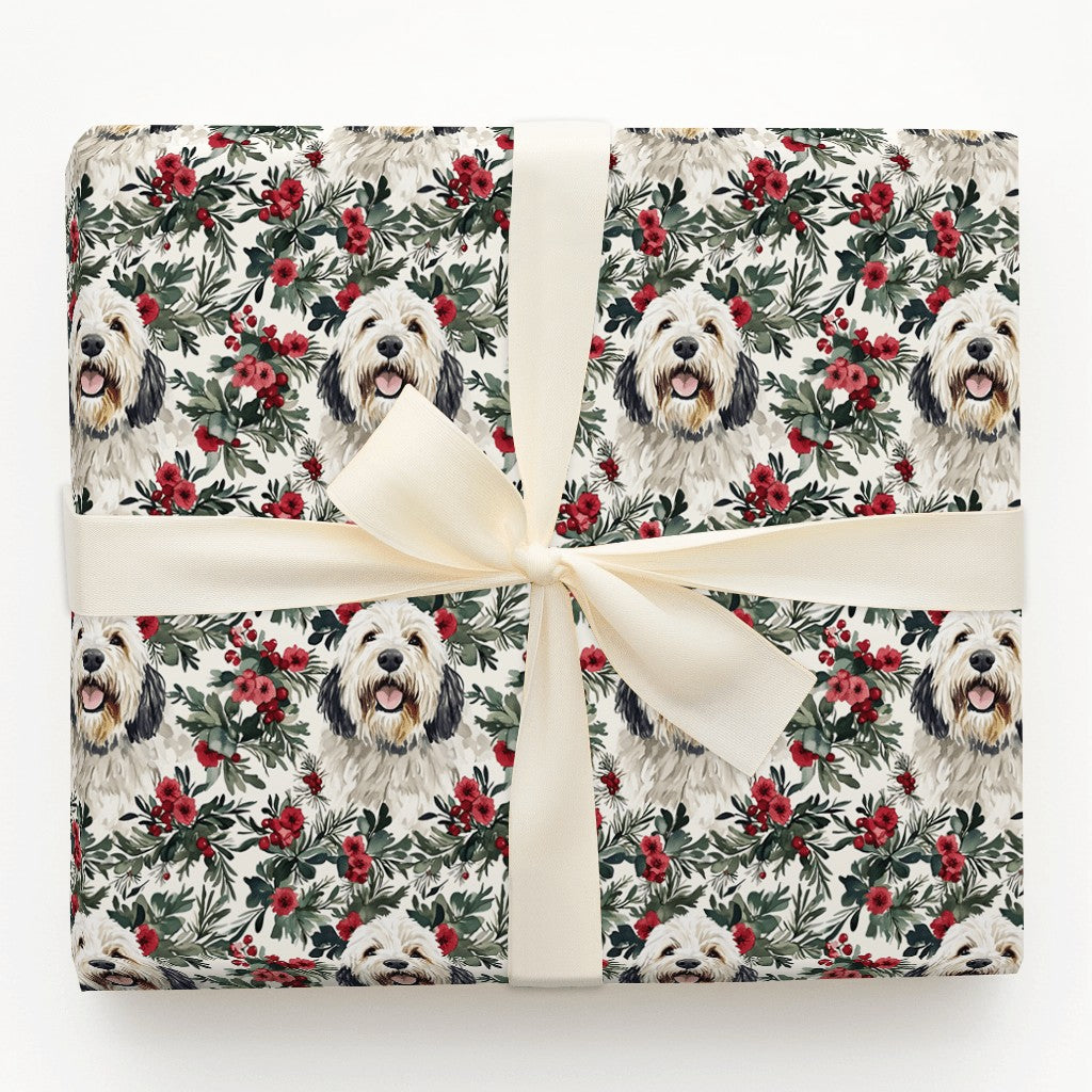 Christmas Dog Gift Wrap, Old English Sheepdog Wrapping Paper, Holiday Floral Wrapping Paper, Dog Lover Present Wrap, Winter G