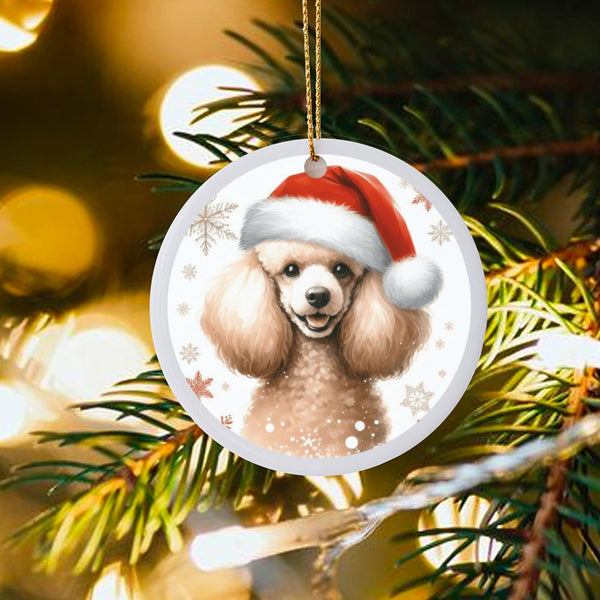 Santa Hat Dog Tree Ornament, Poodle Christmas Ceramic Ornament, Adorable Puppy Holiday Ornament, Winter Pet Keepsake, Dog Lov