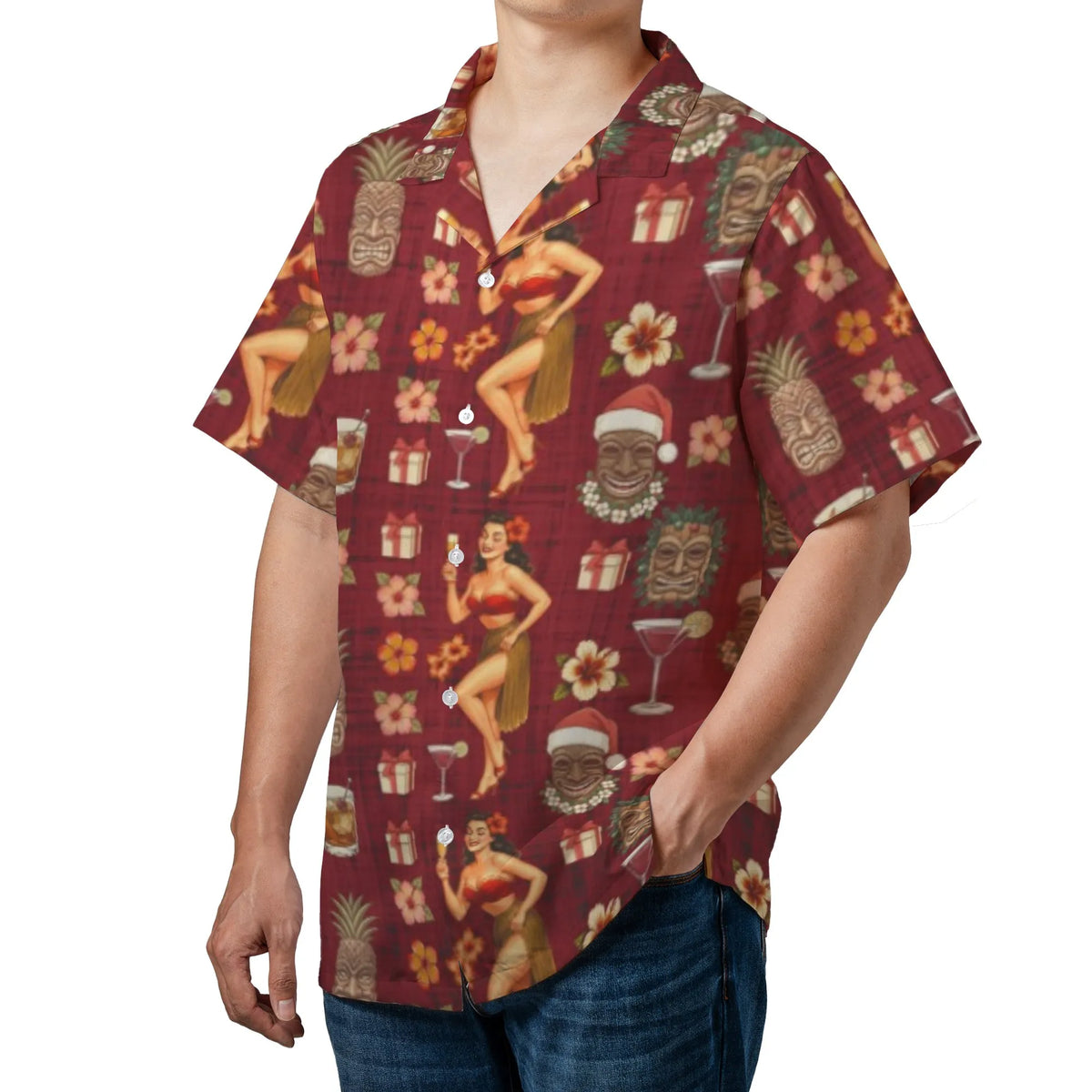 Pin Up Girl Santa Aloha Shirt, Christmas Tiki Hawaiian Shirt, Retro Tropical Holiday Button Down Shirt, Humorous Christmas Pa
