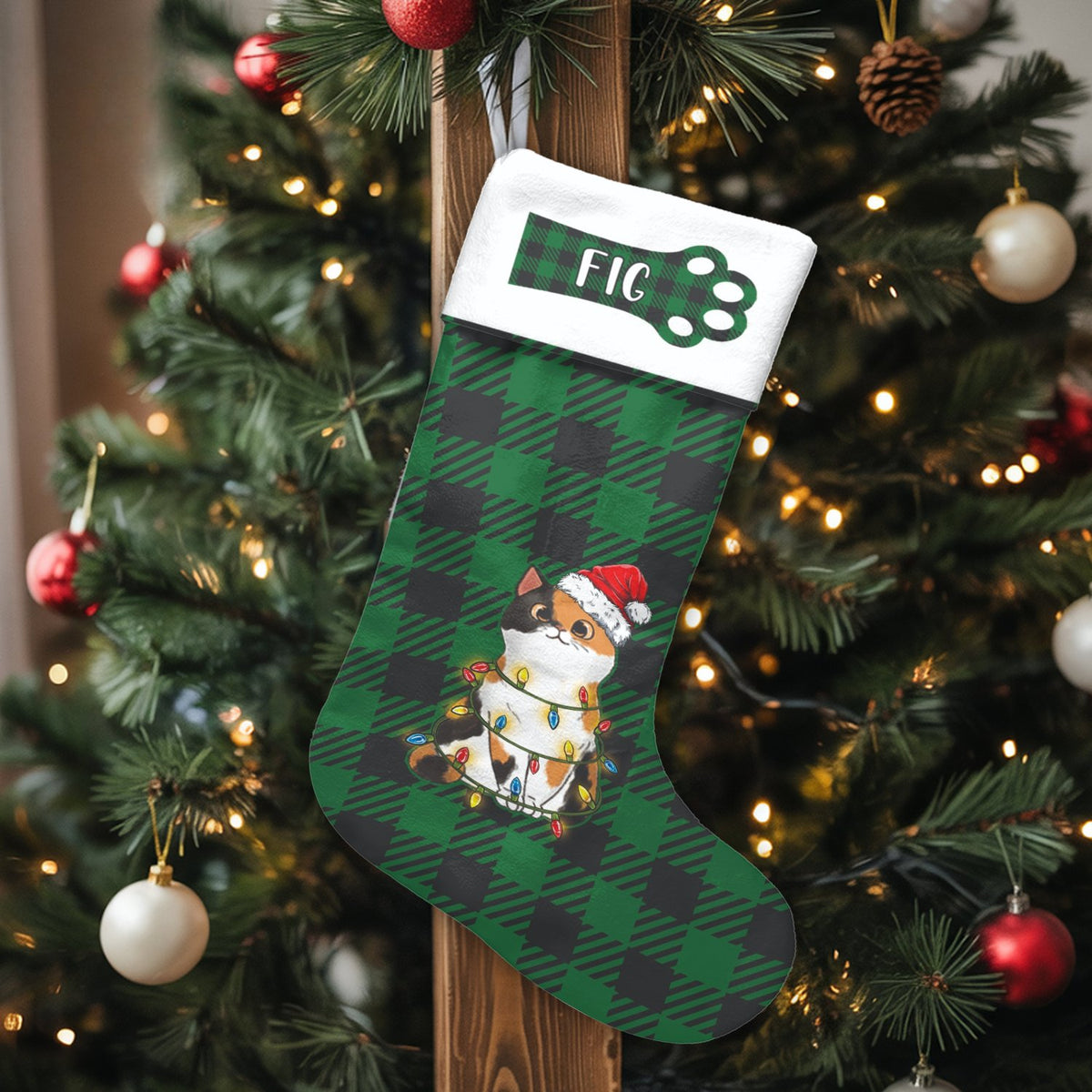 Personalized Cat Stocking, Calico Cat Christmas Stocking, Green Plaid Christmas Stocking, Pet Holiday Stocking Decor, Cat Lov