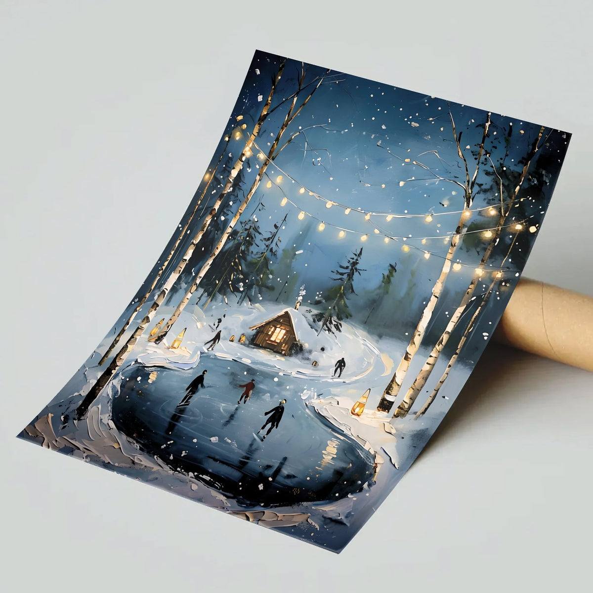Comfy Forest String Lights Art Print, Winter Ice Skating Cabin Poster, Seasonal Christmas Wall Art Poster, Rustic Holiday Pai