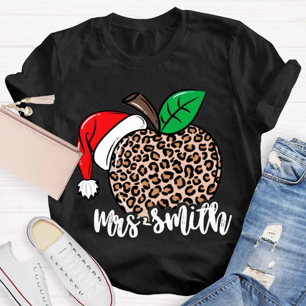 Custom Name Christmas T-Shirt, Personalized Leopard Santa Hat Shirt, Festive Holiday Graphic Tee, Comfy Xmas Present for Her,