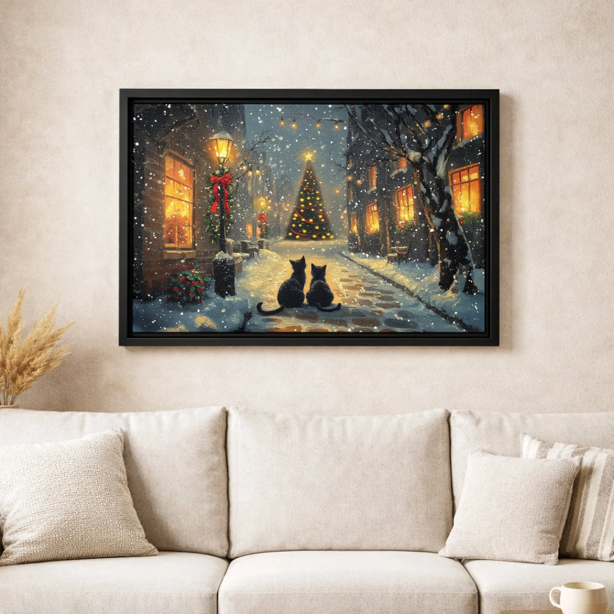 Snowy Village Holiday Street Canvas Wall Art, Black Cat Christmas Canvas Print, Winter Cat Landscape Canvas, Holiday Home Dec