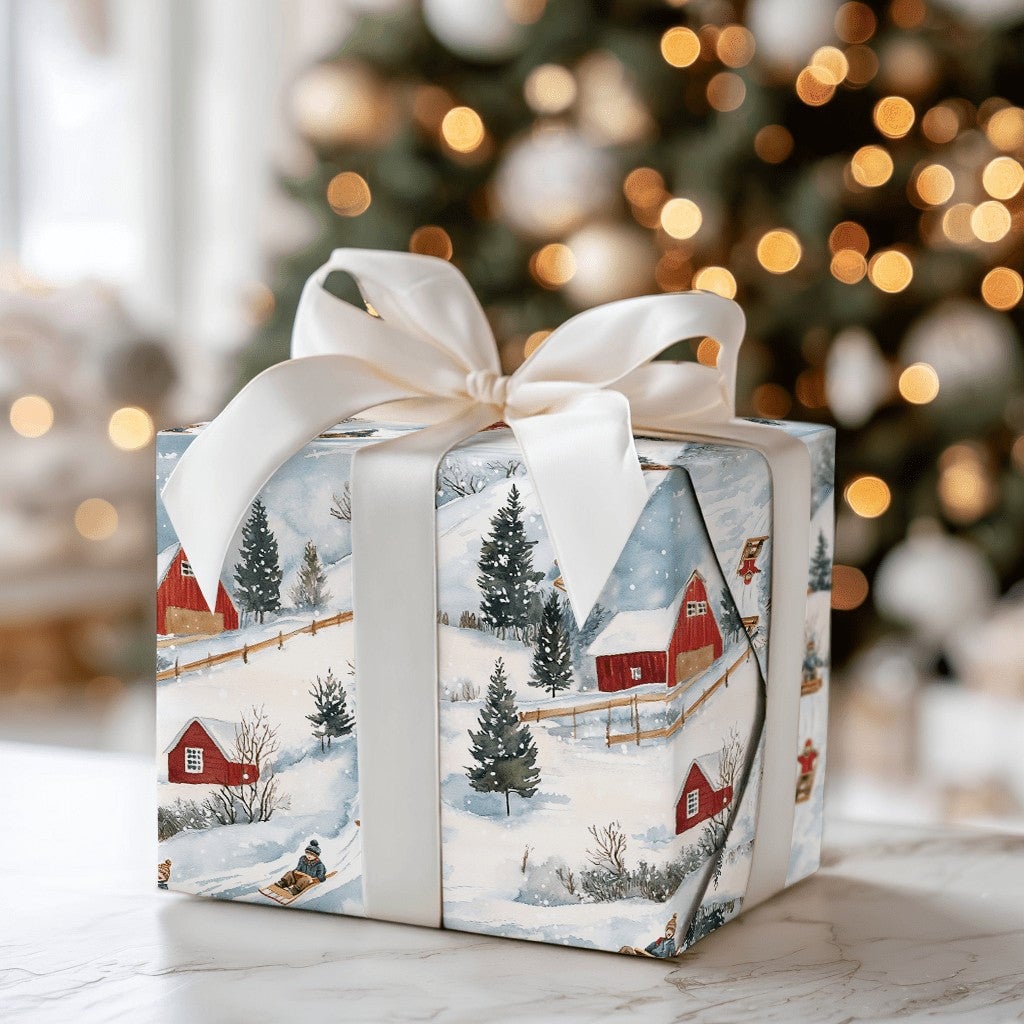 Rustic Red Barn Christmas Gift Wrap, Winter Sledding Wrapping Paper, Country Snow Scene Wrapping Paper, Festive Holiday Prese