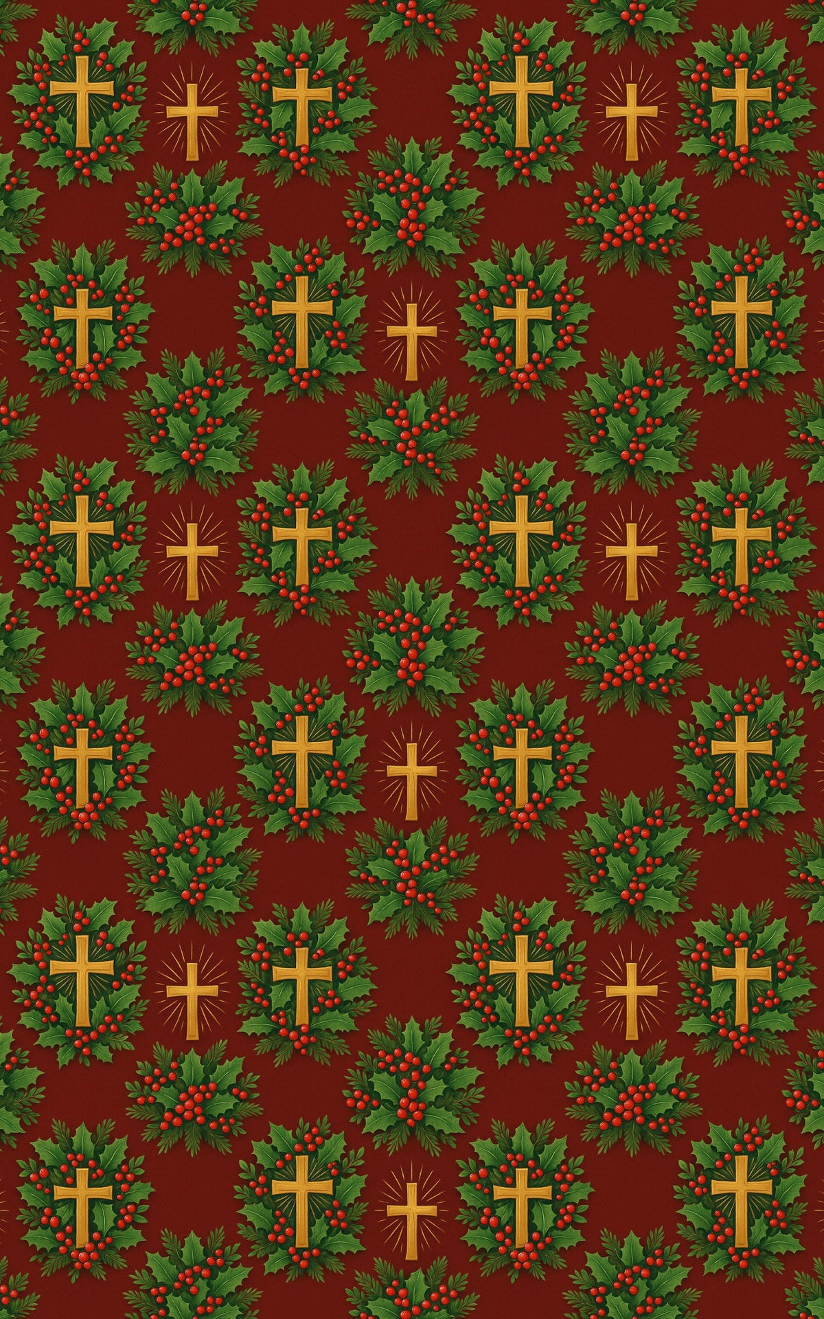 Holly Berry Christmas Gift Wrap, Gold Cross Wrapping Paper, Religious Christmas Wrapping Paper, Christian Holiday Gift Wrap P