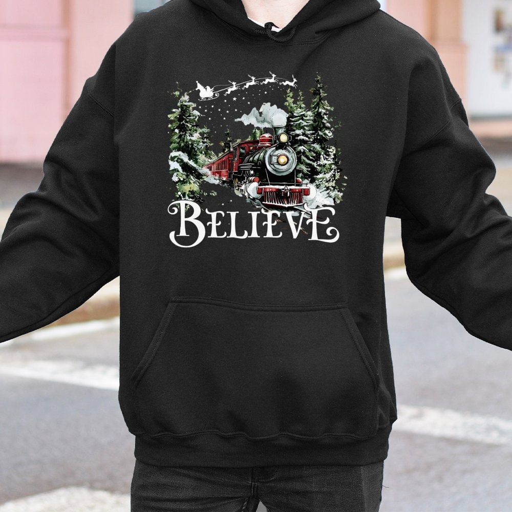 Vintage Winter Holiday Sweatshirt, Believe Christmas Train Hoodie, Comfy Polar Graphic Hoodie, Festive Christmas Hooded Sweat