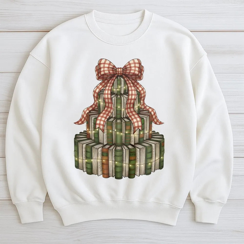Retro Librarian Holiday Sweater, Christmas Book Tree Sweatshirt, Book Lover Xmas Crewneck, Reading Teacher Present Pullover