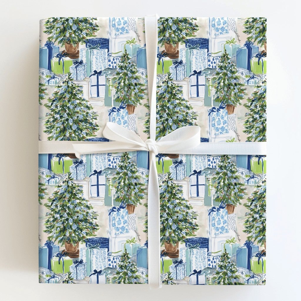 Watercolor Tree Gift Wrap, Chinoiserie Christmas Wrapping Paper, Preppy Blue Holiday Wrapping Paper, Elegant Winter Xmas Wrap