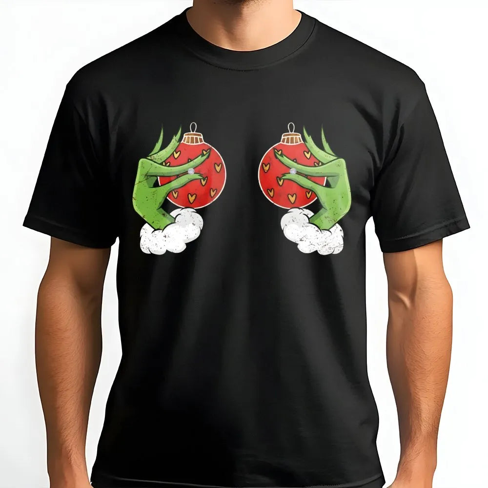 Stealing Ornament Graphic Tee, Green Monster Hand Christmas T-Shirt, Sarcastic Holiday Who Stole Xmas Shirt, Festive Movie Vi