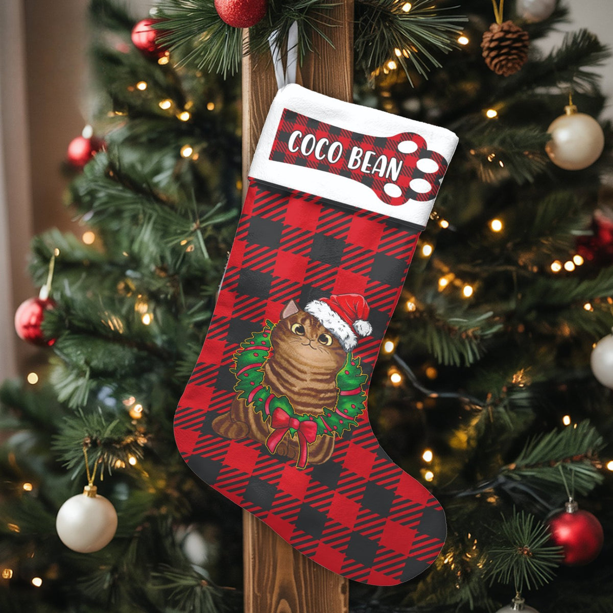Buffalo Plaid Cat Stocking, Personalized Cat Christmas Stocking, Custom Pet Name Stocking, Velboa Holiday Decor, Present for 
