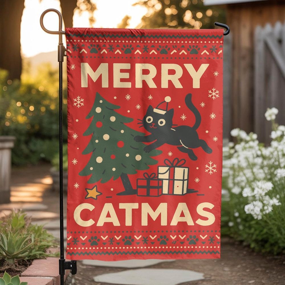 Humorous Black Cat Christmas Garden Flag, Merry Catmas Garden Flag, Holiday Kitten Garden Flag, Winter Xmas Yard Banner, Cat 