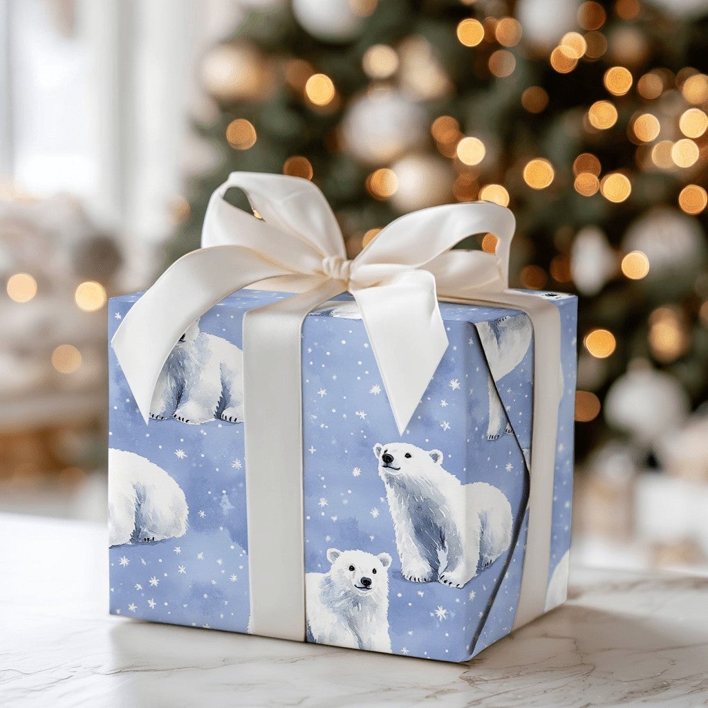 Snowy Night Polar Bear Gift Wrap, Polar Bear Christmas Wrapping Paper, Winter Wildlife Wrapping Paper, Holiday Present Wrappi