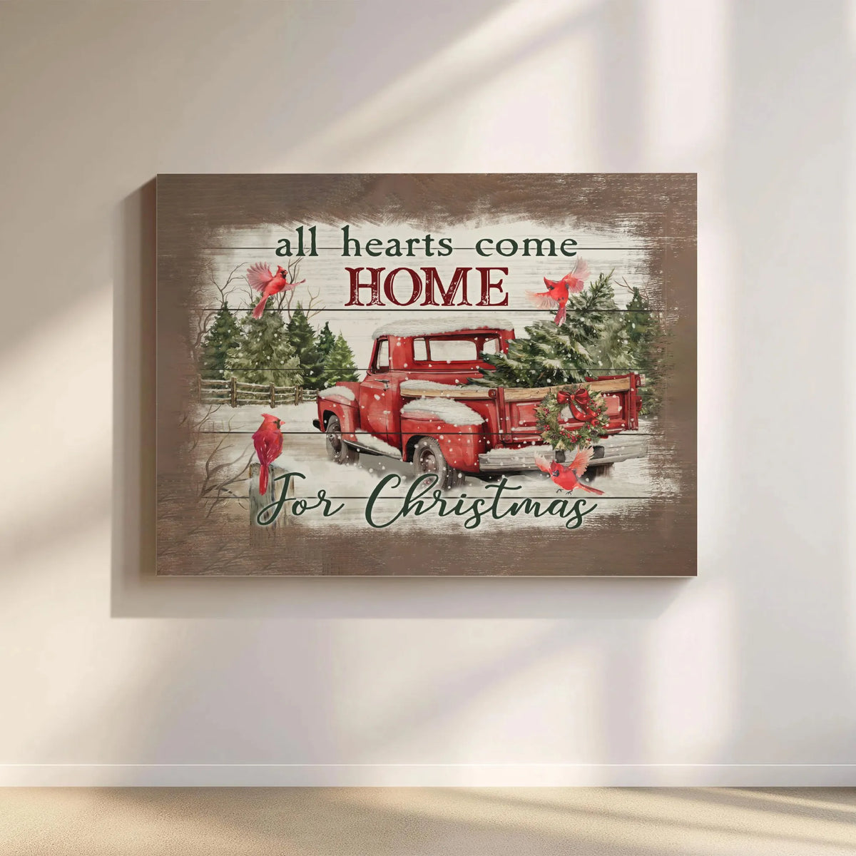 Vintage Red Truck Canvas Print, All Hearts Come Home for Christmas Canvas Wall Art, Holiday Cardinal Wall Decor, Farmhouse Xm