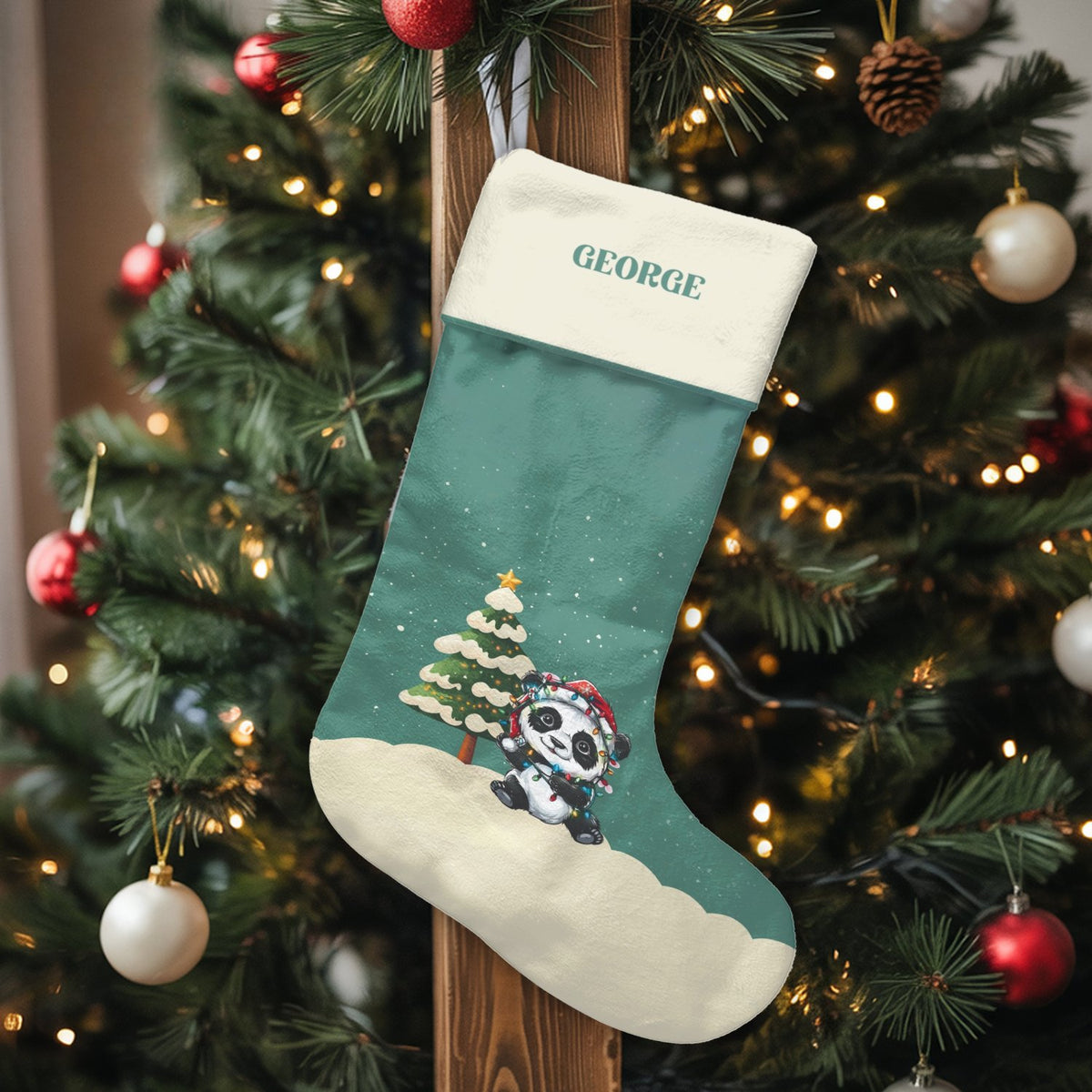 Personalized Panda Stocking, Panda with Christmas Lights Stocking, Adorable Animal Holiday Stocking, Custom Christmas Stockin