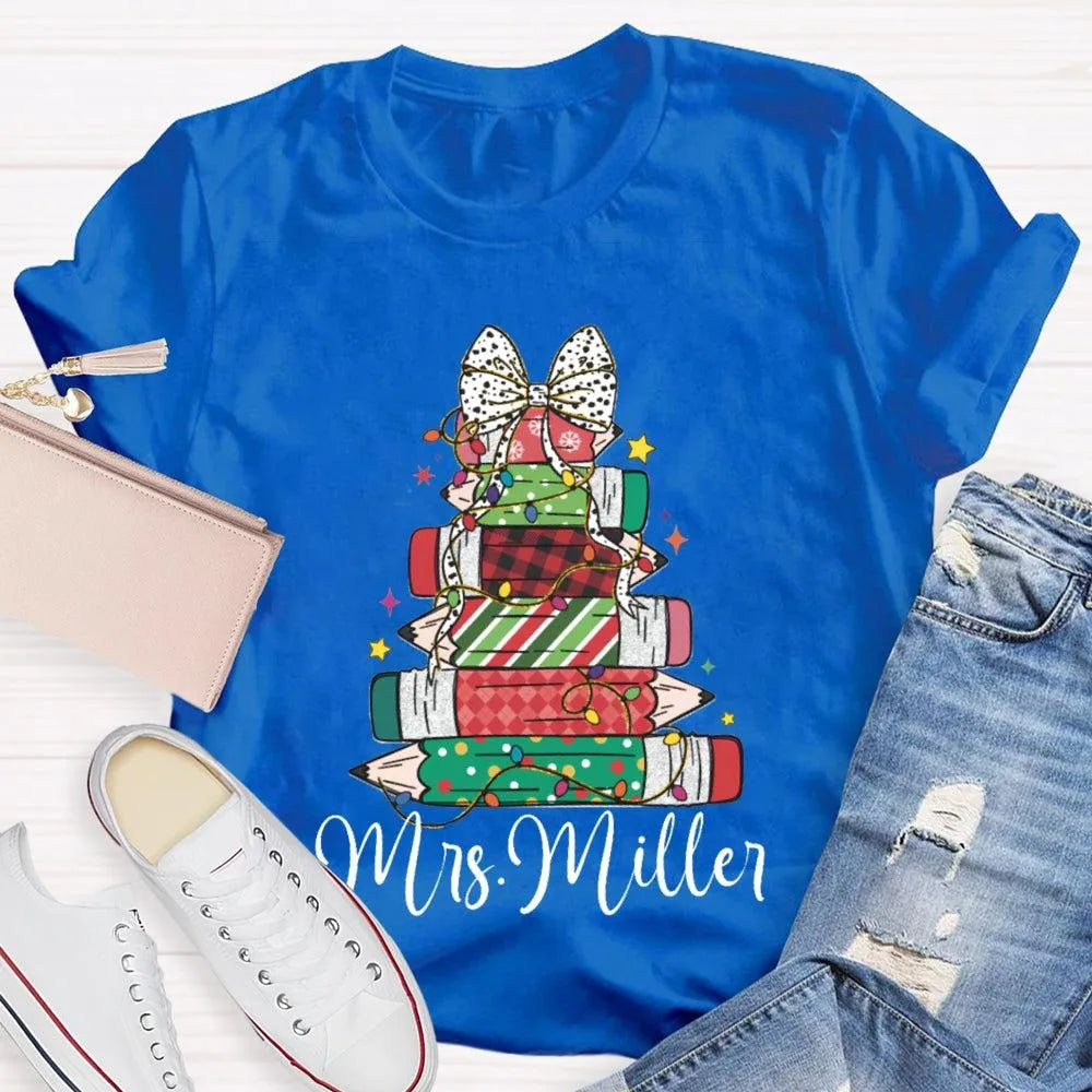 Colorful Crayons Bows Holiday Shirt, Personalized Christmas T-Shirt, Custom Name Kids Xmas Graphic Tee, Festive School Party 