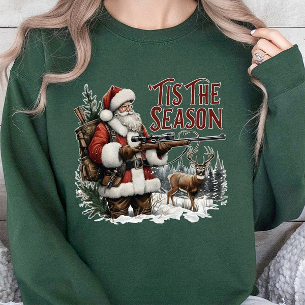 Santa Buck Hunter Christmas Sweater, Tis the Season Deer Hunting Sweatshirt, Humorous Hunting Holiday Crewneck, Outdoorsman X