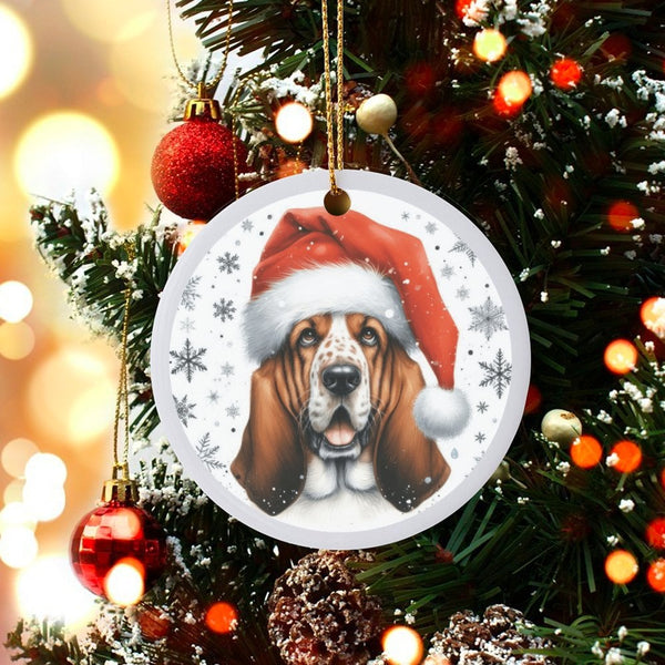 Santa Hat Dog Ceramic Ornament, Basset Hound Christmas Ornament, Adorable Puppy Holiday Ornament, Winter Tree Decor, Present 