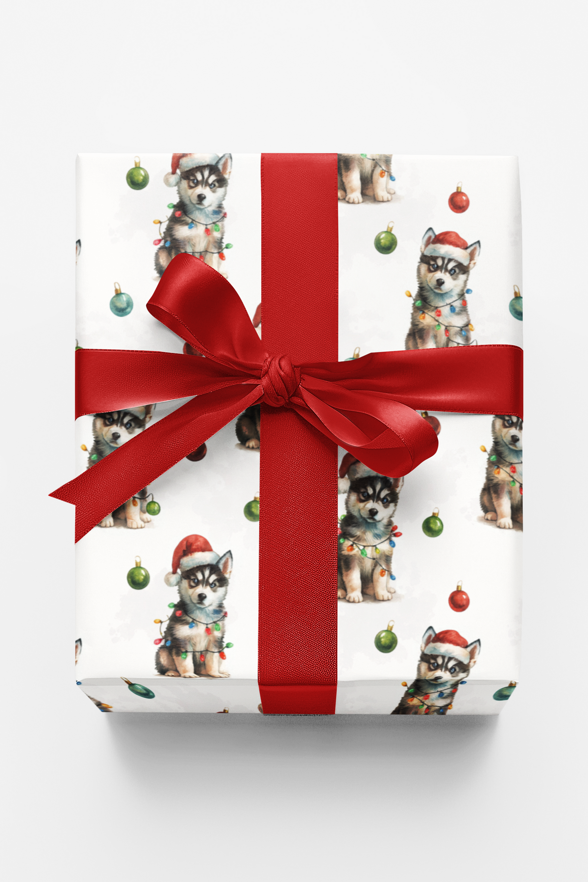 Santa Hat Puppy Gift Wrap, Husky Christmas Wrapping Paper, Watercolor Dog Present Wrap, Winter Holiday Husky Lover Present Pa