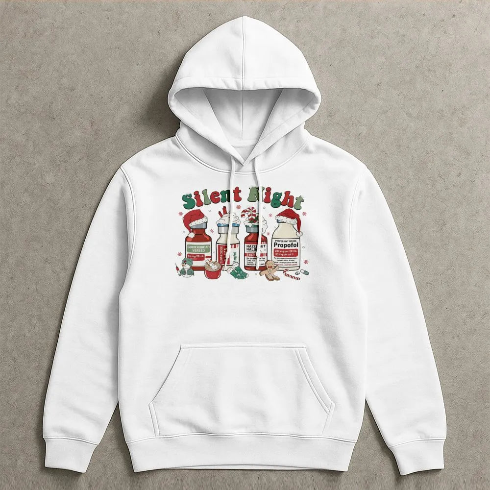 Humorous Medical Christmas Sweatshirt, Silent Night Nurse Hoodie, Adorable ICU Nurse Holiday Hoodie, Healthcare Worker Hooded