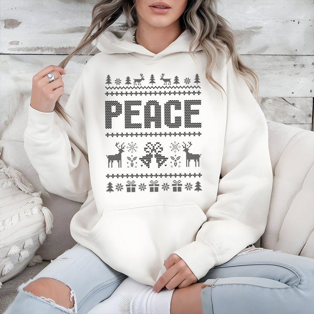 Reindeer Snowflake Pattern Sweatshirt, Peace Ugly Christmas Hoodie, Retro Holiday Fair Isle Pullover, Comfy Xmas Hooded Sweat