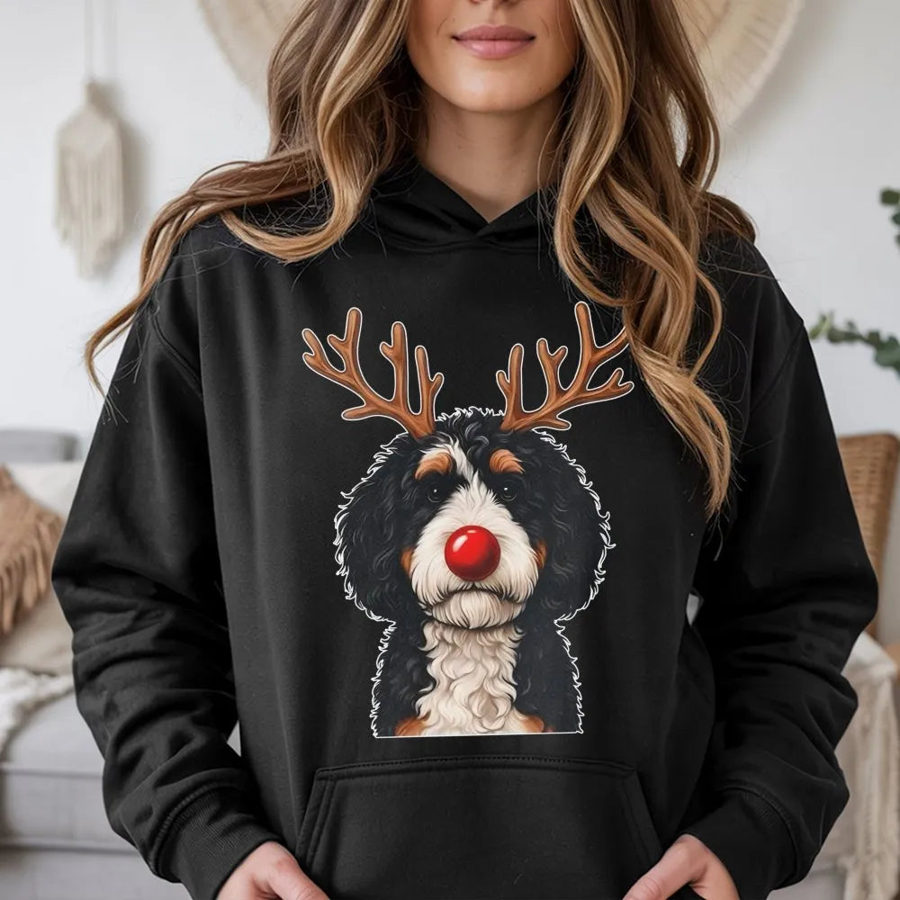 Reindeer Dog Holiday Hoodie, Bernadoodle Christmas Hoodie, Bernedoodle Sweatshirt, Adorable Dog Lover Graphic Hoodie, Present