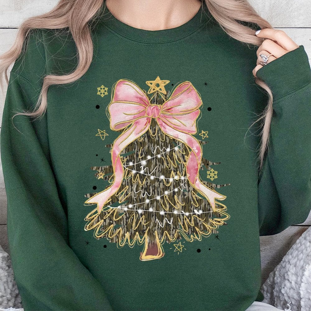 Coquette Pink Bow Xmas Sweater, Camo Christmas Tree Sweatshirt, Camo Tree Holiday Crewneck, Adorable Winter Camo Pullover, Xm