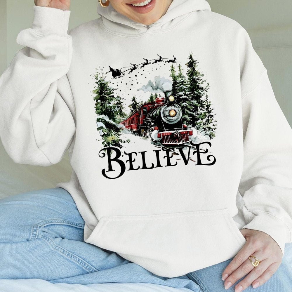 Vintage Winter Holiday Sweatshirt, Believe Christmas Train Hoodie, Comfy Polar Graphic Hoodie, Festive Christmas Hooded Sweat