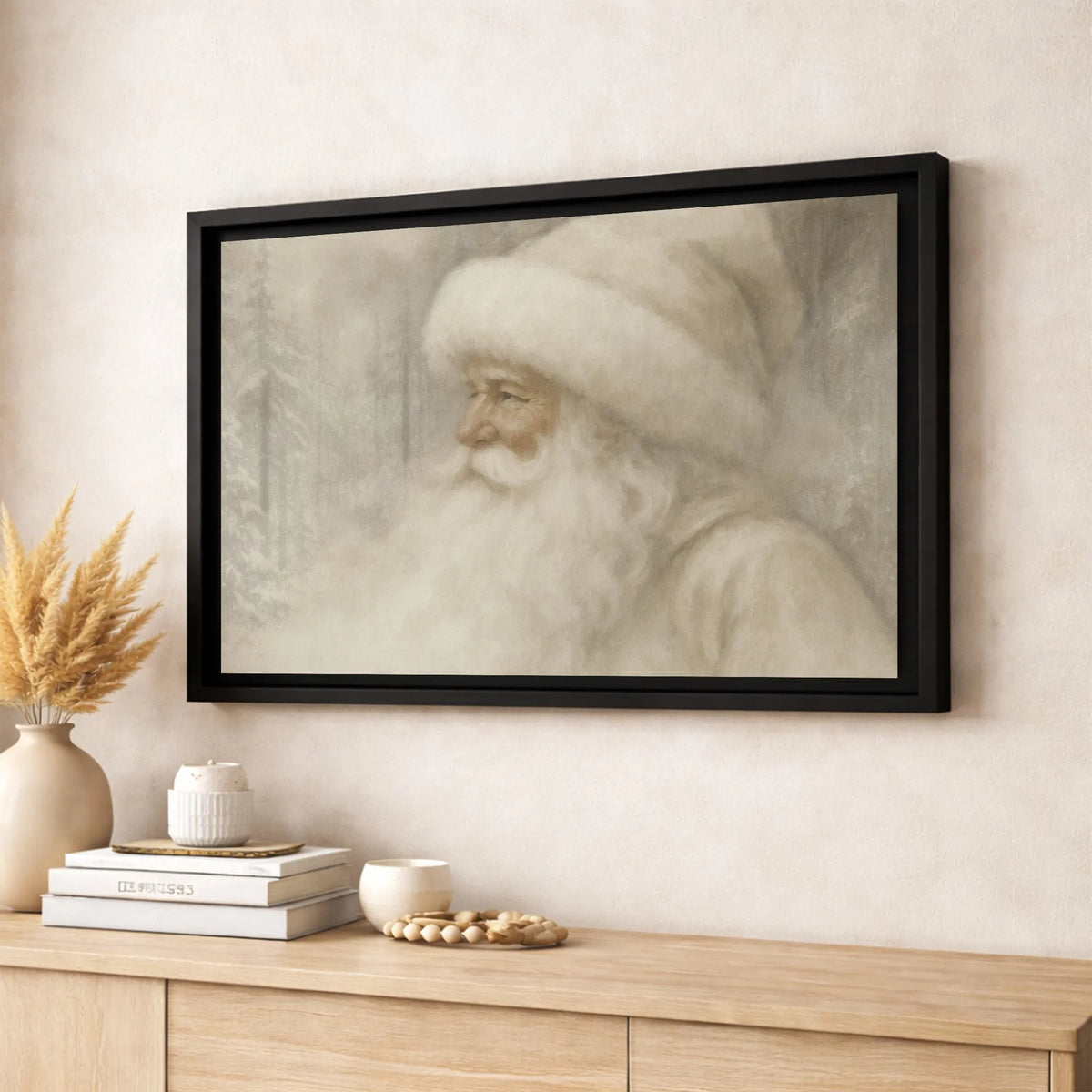Neutral Snowy Forest Canvas Print, Vintage Santa Claus Canvas Wall Art, Rustic Christmas Canvas Decor, Holiday Winter Wall Ar