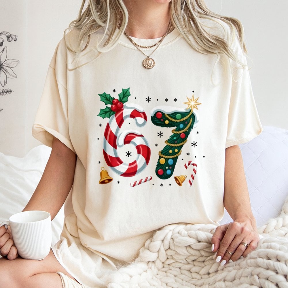 Candy Cane Holiday Tree Shirt, Number 67 Christmas T-Shirt, Festive Number Graphic Tee, Winter Birthday T-Shirt, Xmas Holiday