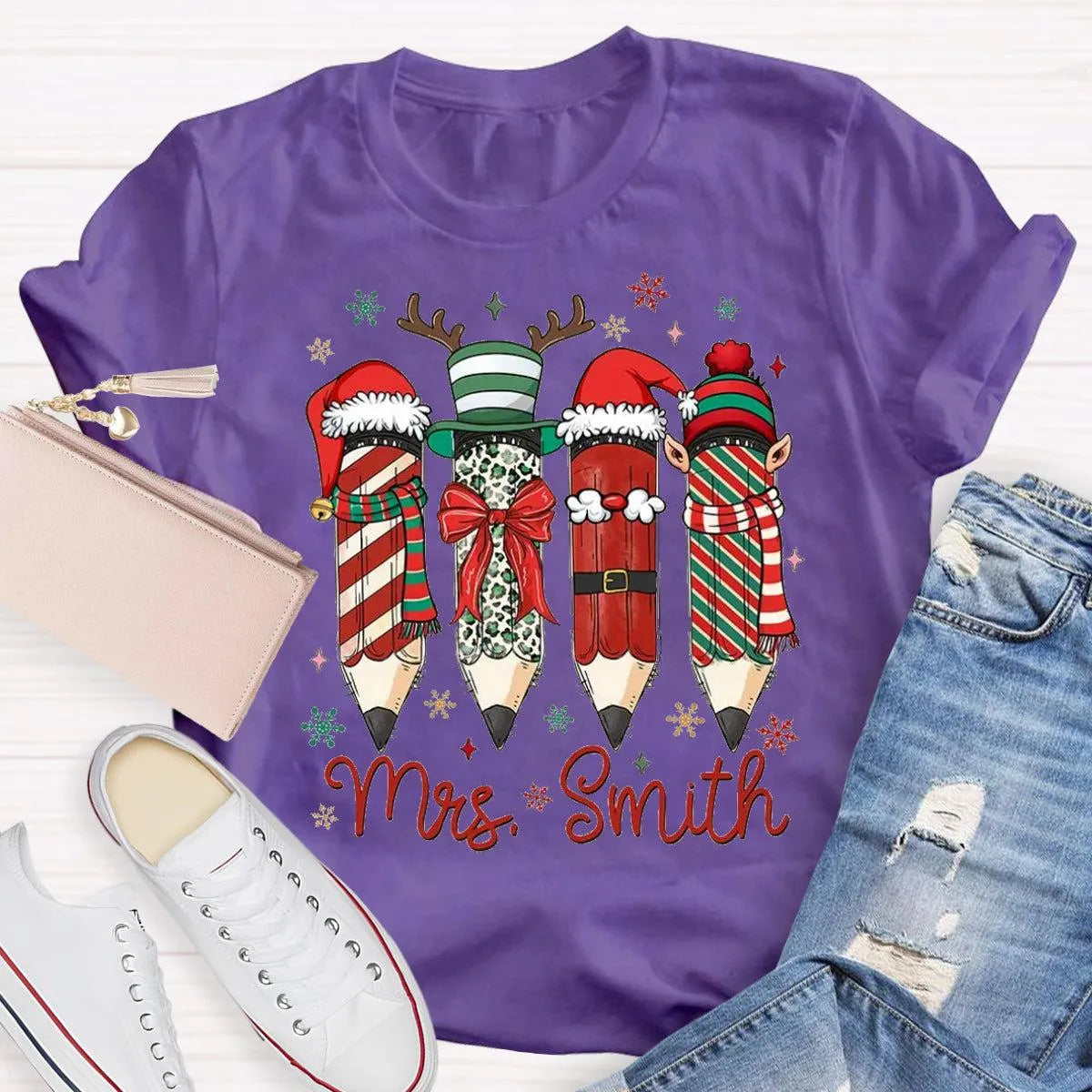 Adorable Pencil Holiday T-Shirt, Personalized Teacher Christmas Shirt, Custom Teacher Tee, Festive School Graphic Shirt, Holi