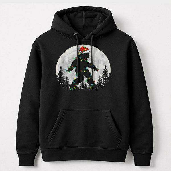 Sasquatch Santa Hat Hooded Sweatshirt, Bigfoot Christmas Hoodie, Humorous Xmas Lights Yeti Hoodie, Winter Holiday Pullover, C
