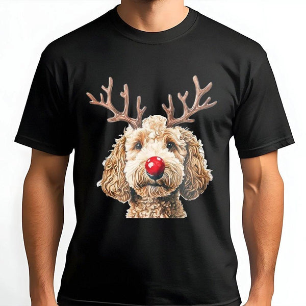 Reindeer Antlers Dog Shirt, Goldendoodle Christmas T-Shirt, Humorous Red Nose Graphic Tee, Adorable Puppy Holiday T-Shirt, Pe