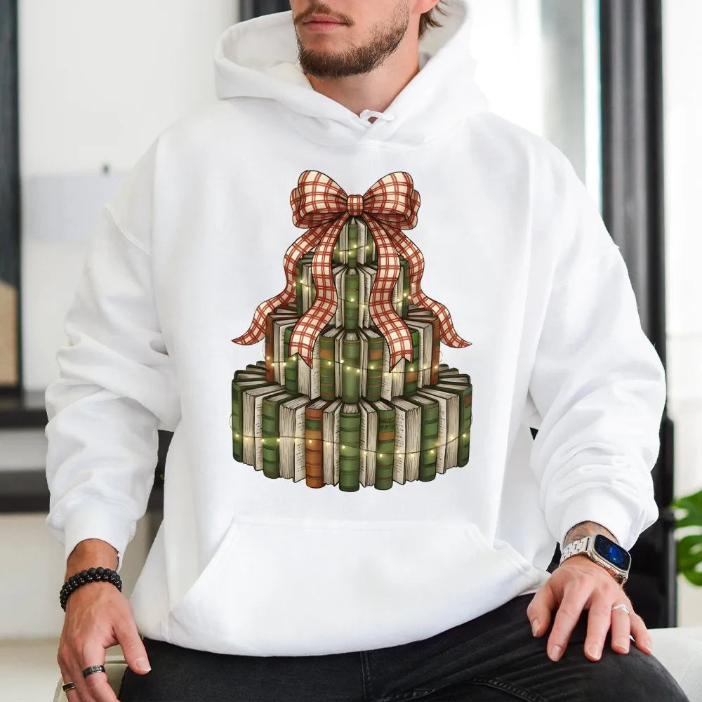 Festive Library Stack Hoodie, Christmas Book Tree Hoodie, Bookish Holiday Graphic Sweatshirt, Reader Teacher Pullover Hoodie 