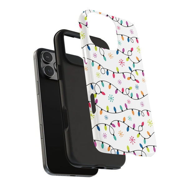 iPhone Tough Phone Case, Christmas Lights Phone Case, String Lights Pattern Phone Cover, Winter Snowflakes Holiday Phone Case