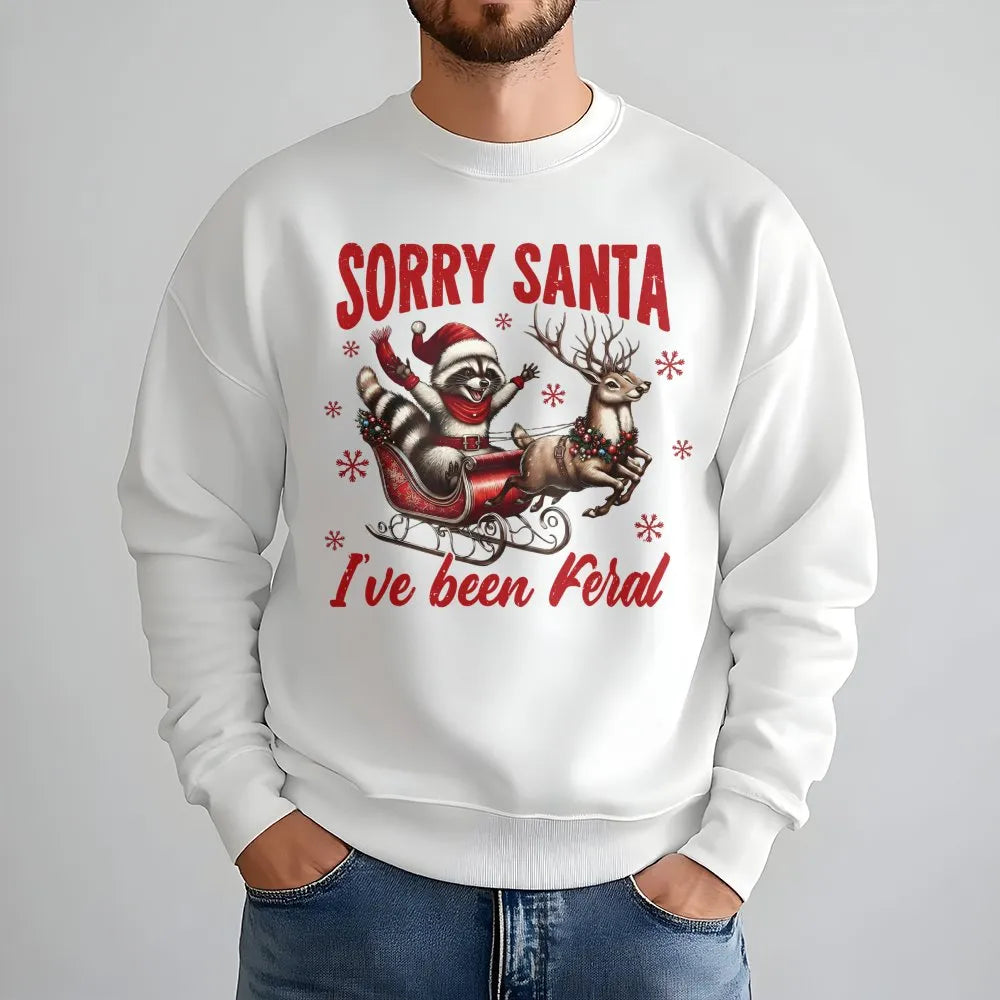 Humorous Trash Panda Ugly Sweater, Sorry Santa I've Been Feral Raccoon Sweatshirt, Adorable Holiday Raccoon Crewneck, Christm
